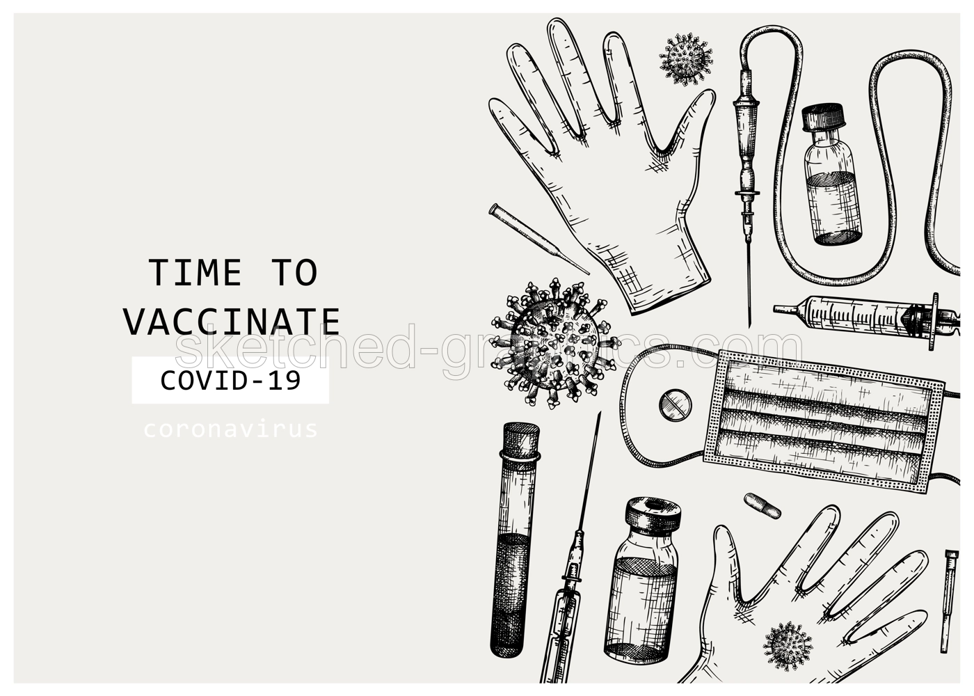 Coronavirus vaccine vector design. Hand-sketched template for  Covid-19 vaccination illustrations with vaccine bottle, syringe injection tools, and different viruses. Vintage medical sketches Illustration